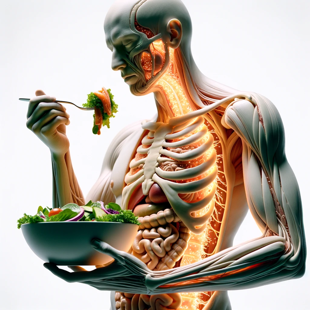 corpo umano anatomico con intestino in evidenza mentre mangia un'insalata con espressione neutra in volto, iperrealistico 4k, isolato su sfondo bianco emoji