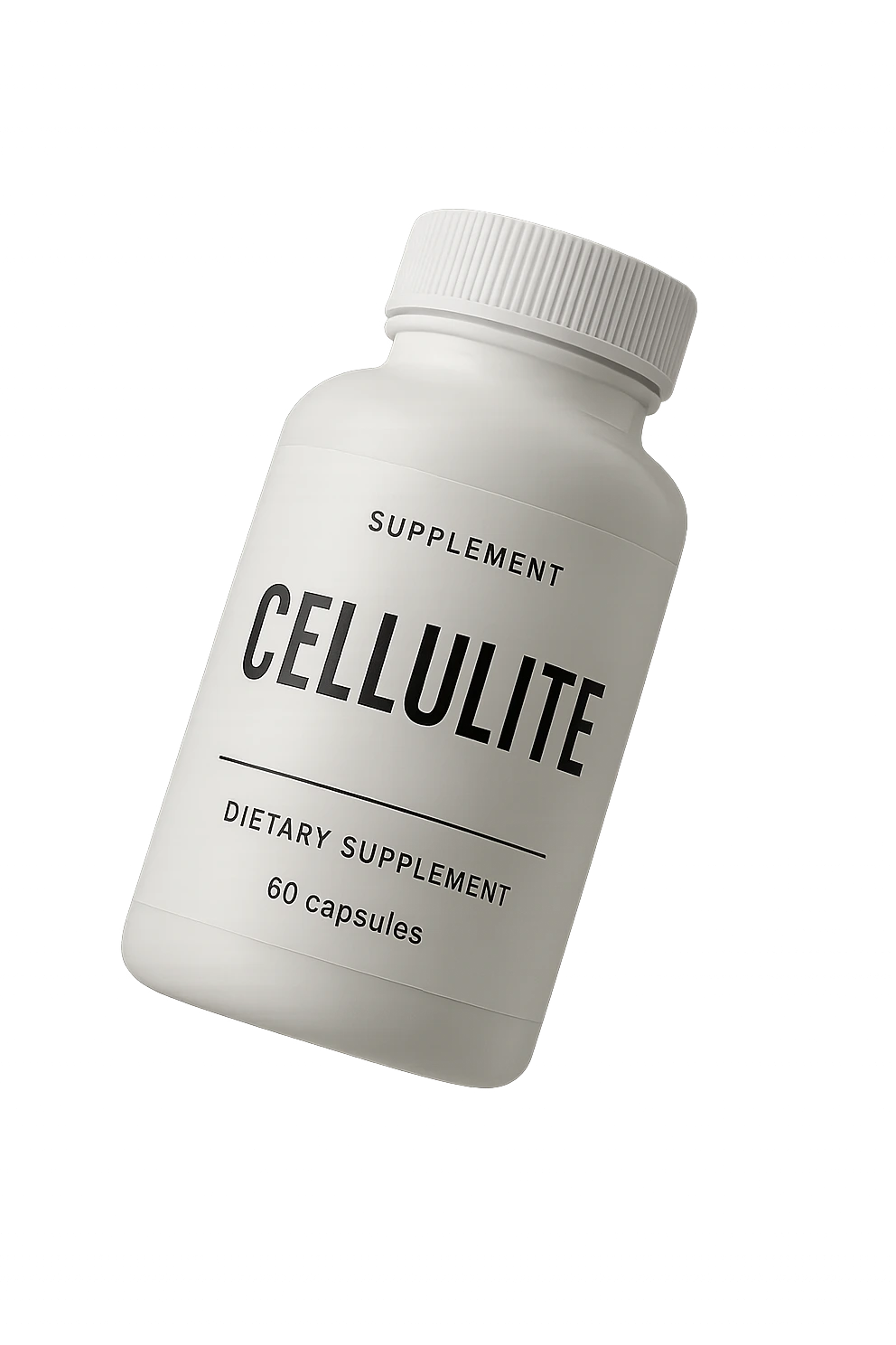 UNA BOCCETTA DI INTEGRATORE BIANCA CON LA SCRITTA "CELLULITE" SULL'ETICHETTA CHE FLUTTUA IN ARIA, IPERREALISTICA 4K emoji