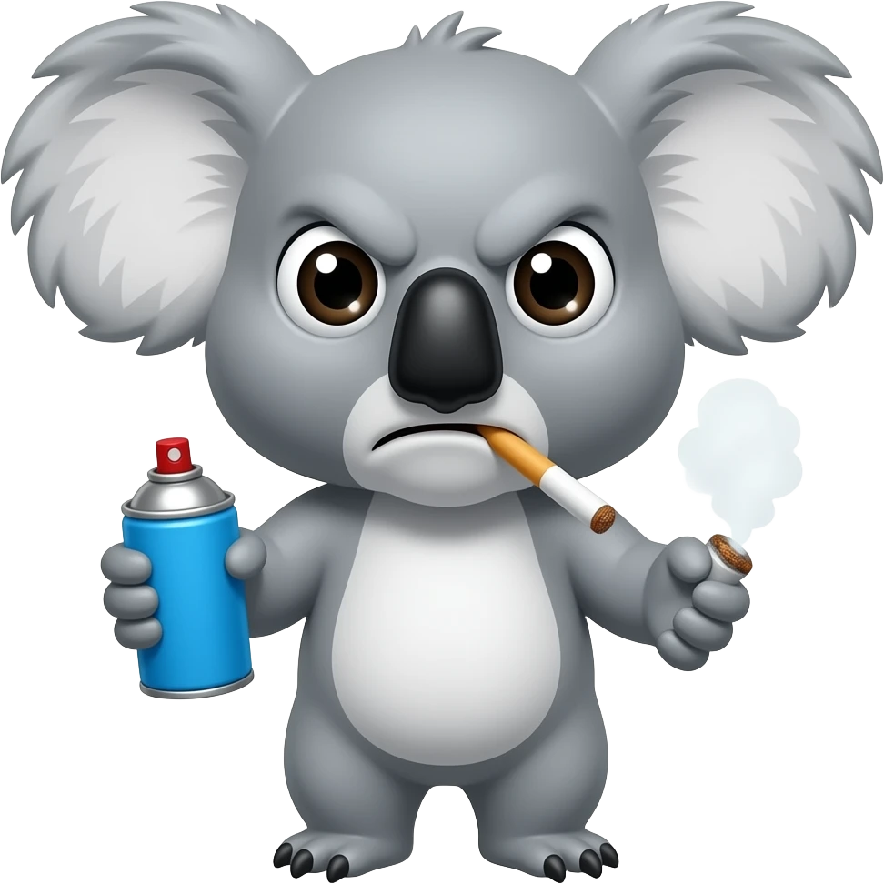 Angry face Koala hold blue spray can and smoke cigarette emoji