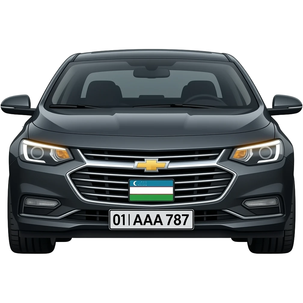 A realistic icon emoji of a metallic black sedan Chevrolet Malibu 2.0L Turbo Premier, dark charcoal tint windows, black alloy 5-spoke rims, Dynamic amber glow LED headlights with sharp laser-beam effect, uzbekistan region number texts "01 | AAA 787" uzb flag in plate emoji