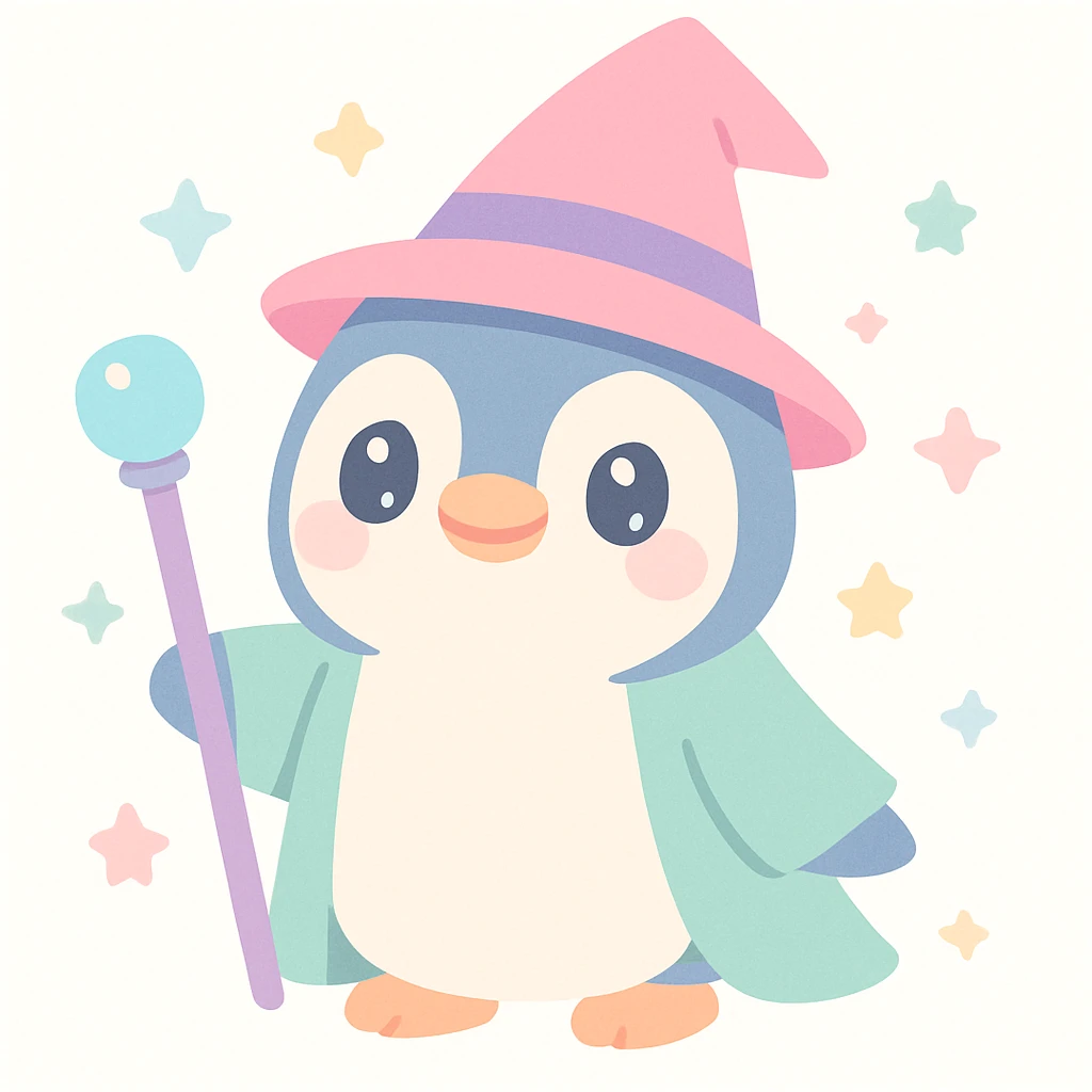 cute and whimsical penguin dressed as a wizard, wearing a pointed hat and holding a magic staff emoji