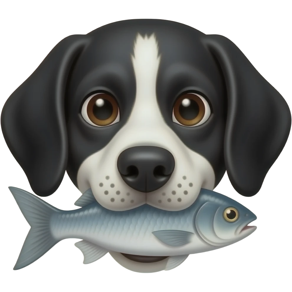 Black white beagle face black ears fish in mouth freckled nose emoji