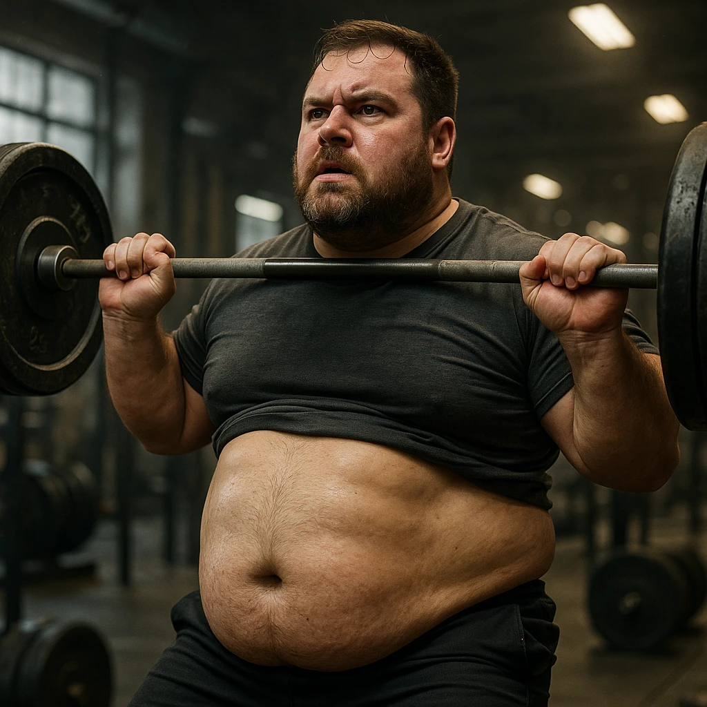 hyper realistic 4K image of a man training with weights, abdomen with stubborn belly fat, gym details, intense atmosphere emoji