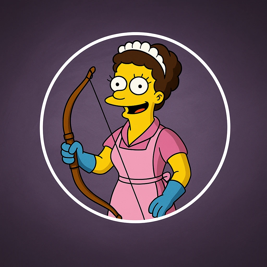 Regenerate the image keeping the same angle, facial expression, clothing, size ratio and shapes, but replace the spray bottle in the hand with a medieval bow. Maintain the style and color scheme as in the original image. emoji