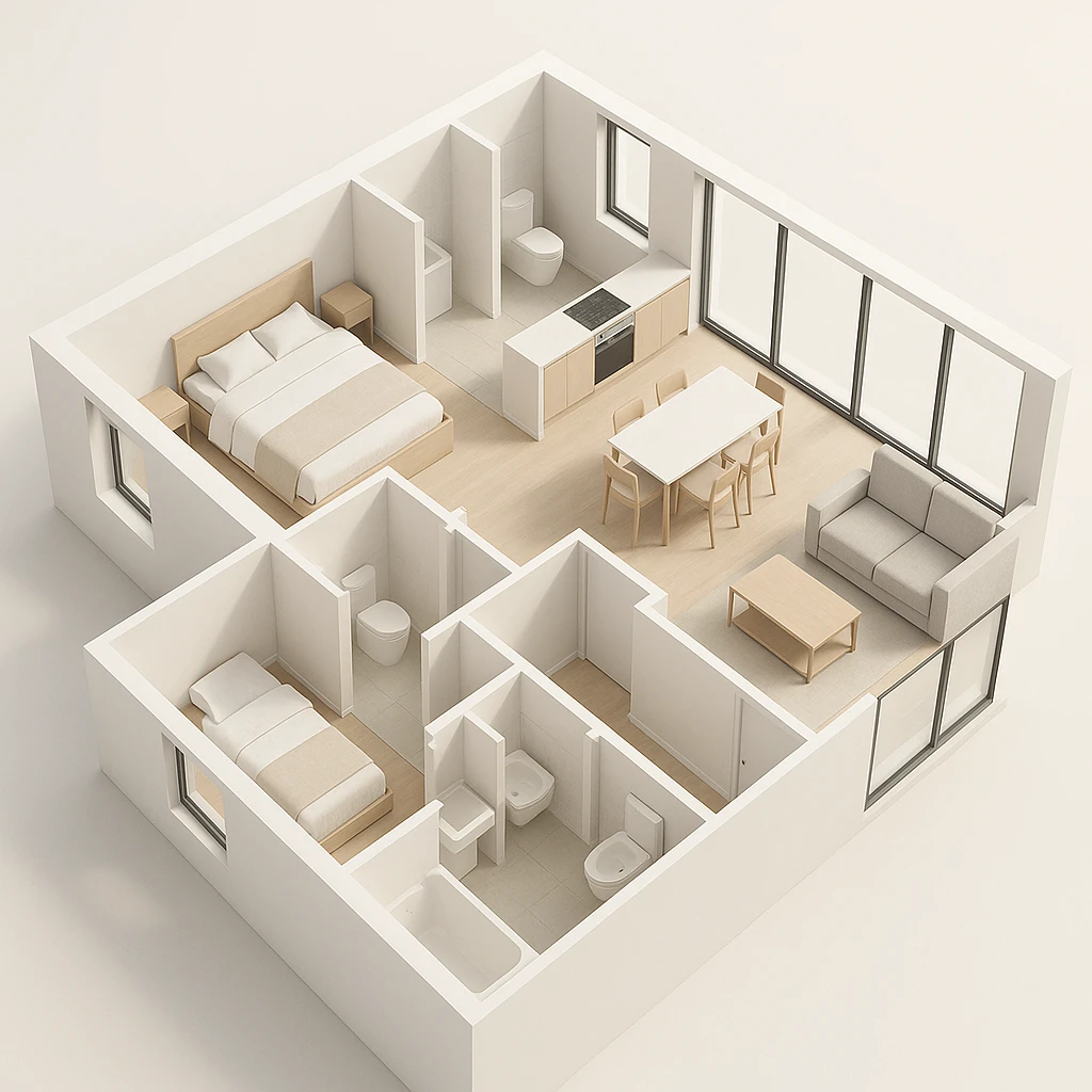 3D floor plan in minimalist style, three bedrooms, two bathrooms, open space kitchen and living room, storage room, large windows, light colors, immersive perspective view, clean architectural details emoji