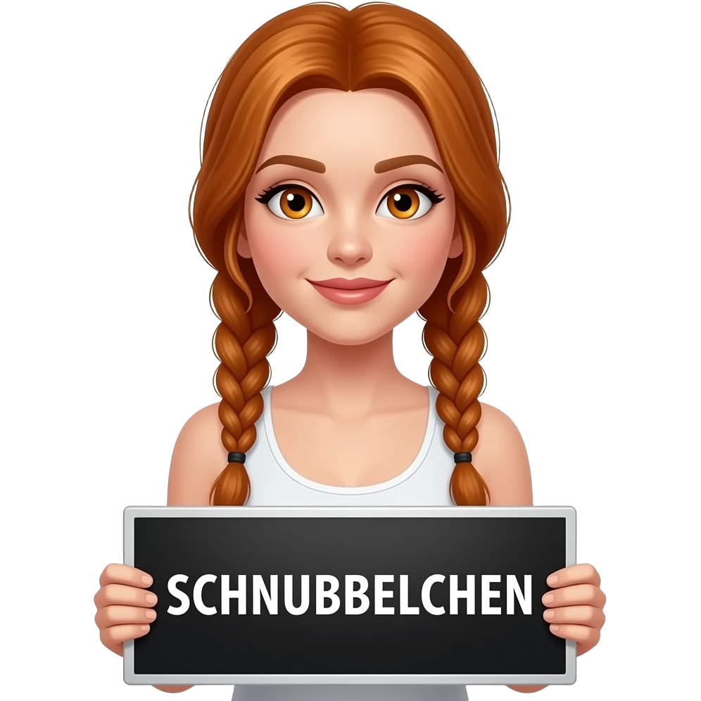 sexy girl with long ginger braids and ginger eyes wearing a white tanktop is holding a black sign with SCHNUBBELCHEN written on it emoji