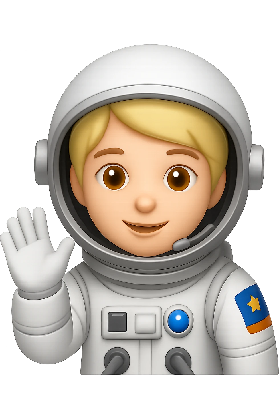 Make the cute astronaut wave, in the style of apple emoji, with no background. emoji