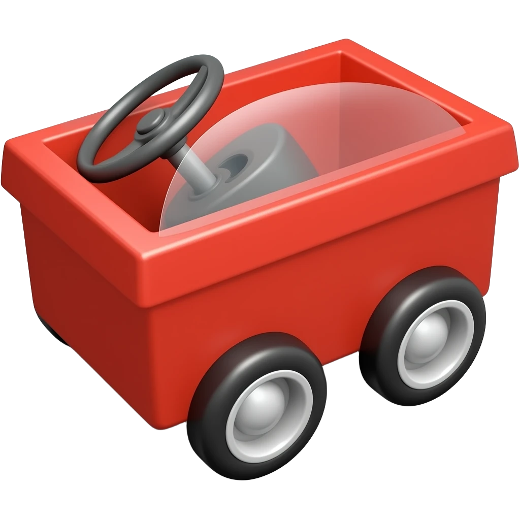 Red box with 4 small wheels with steering wheel emoji