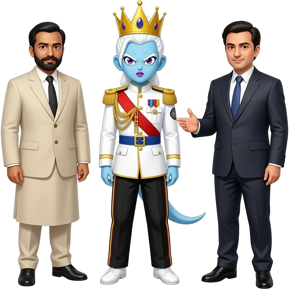 white ponytail haired pale blue skin purpled eyed and lips female angel vados from dragon ball super are wear gold tiara white military tunic arm badge shoulder cord medal red sash blue belt black trouser with two side stripes white shoes to meets with both hand joining 56 yrs maharana pratap singh emoji