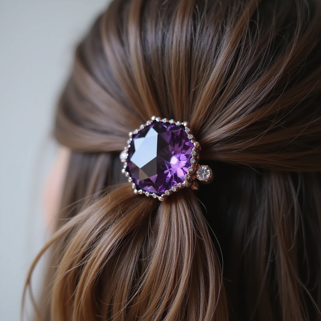 realistic hairclip with amethyst gemstone, photorealistic style, detailed, high resolution emoji