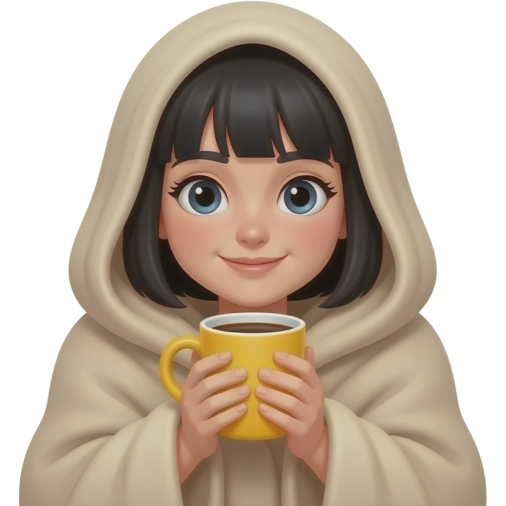 A white girl with black hair, with a large beige blanket, drinking coffee in a yellow mug, very cozy, iPhone emoji style emoji