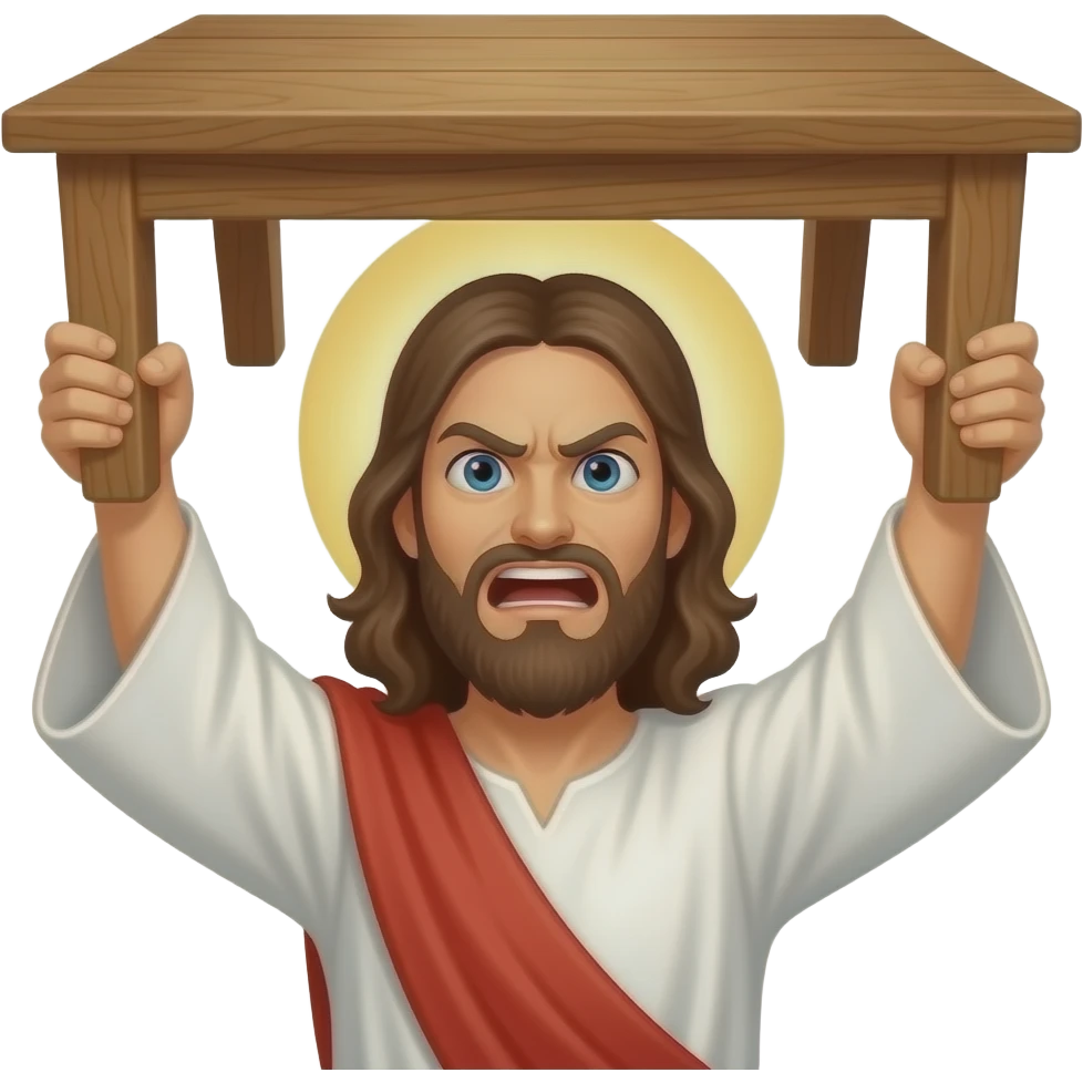 Jesus extremely mad throwing a wooden table above his head emoji