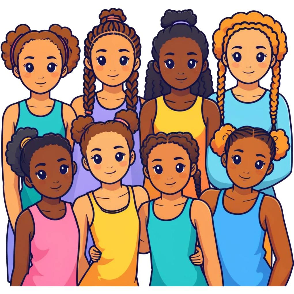 nine girls six girls with curly hair, tan skin and one girl braids and dark skin and two girls tan skin and straight hair emoji