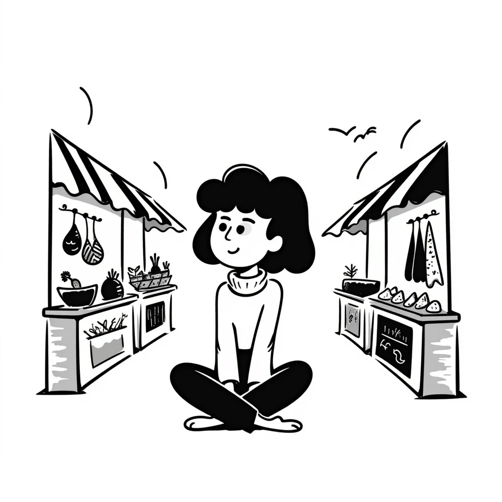 girl sitting on the marketplace, black doodle style emoji