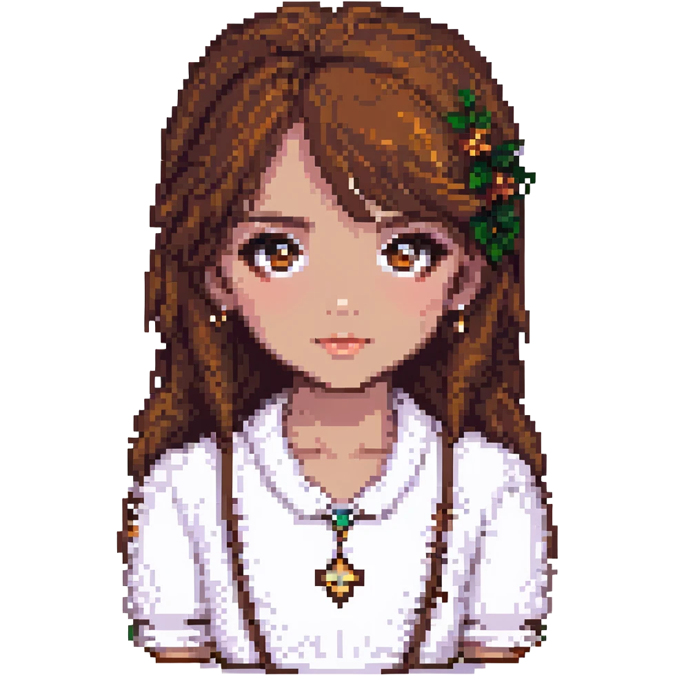 Change the girl's eyes to a rich brown color, keep the pixel art style and the sunset background. emoji
