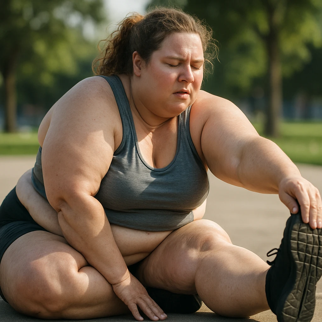 overweight woman stretching, stubborn fat on legs and thighs, hyper realistic 4K style, muscle details, natural light emoji