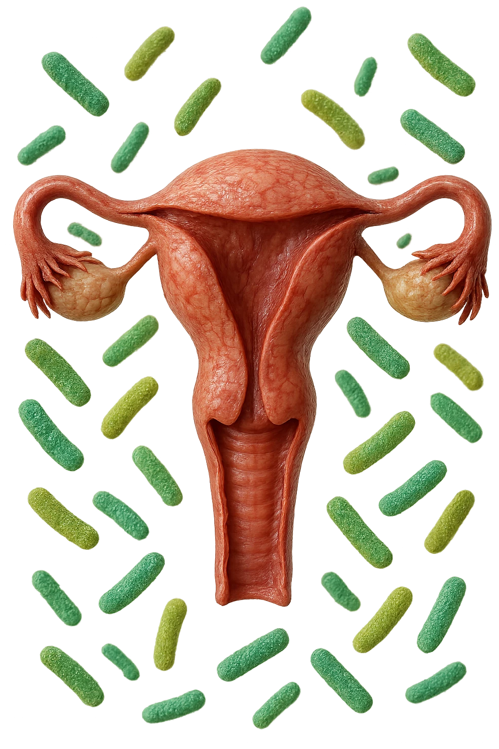 batteri intestinali fluttuano intorno ad un utero umano anatomico, iperrealistico 4k emoji