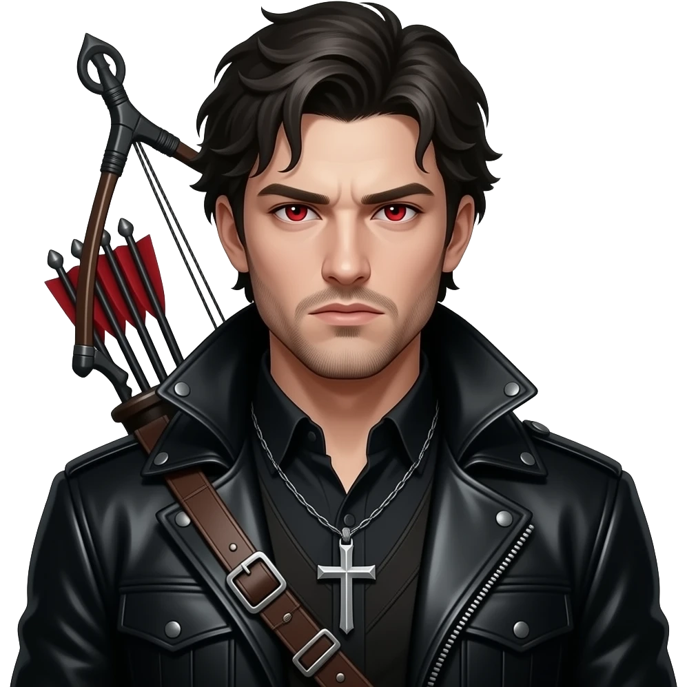 Gothic male with serious expression and red eyes wearing leather and carrying a crossbow emoji