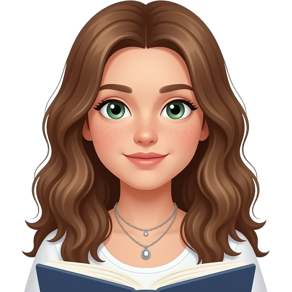 CUTE PRETTY FACE PALE GIRL PREPPY WITH not volominous WITH WAVEY LONG BROWN HAIR, FRECKLES AND GREEN EYES IN CUTE WHITE TOP WITH SILVER NECKLES, STUDY GIRL emoji