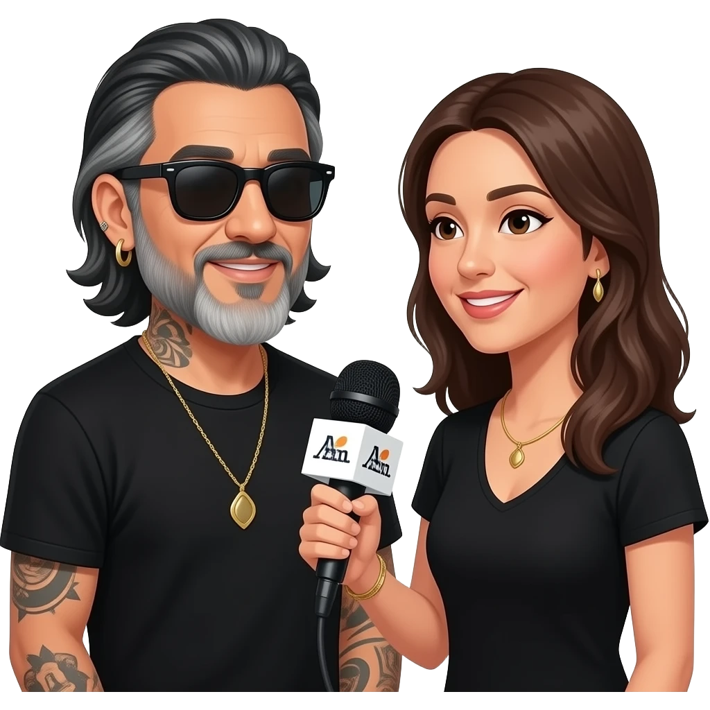 A podcast host, a handsome Latino man with medium length hair, a graying long beard, tattoos, hoops in his nose and ear,  and jewelry, all in black with sunglasses, interviews a woman in front of a microphone with a logo reading "As I Am." emoji