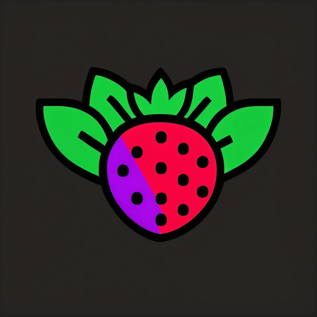 Minimalist 2D logo of a bumpy Stenocereus fruit, inspired by the Raspberry Pi logo, with green, purple, and red color patches, bold black outline, two stylized green leaves emoji