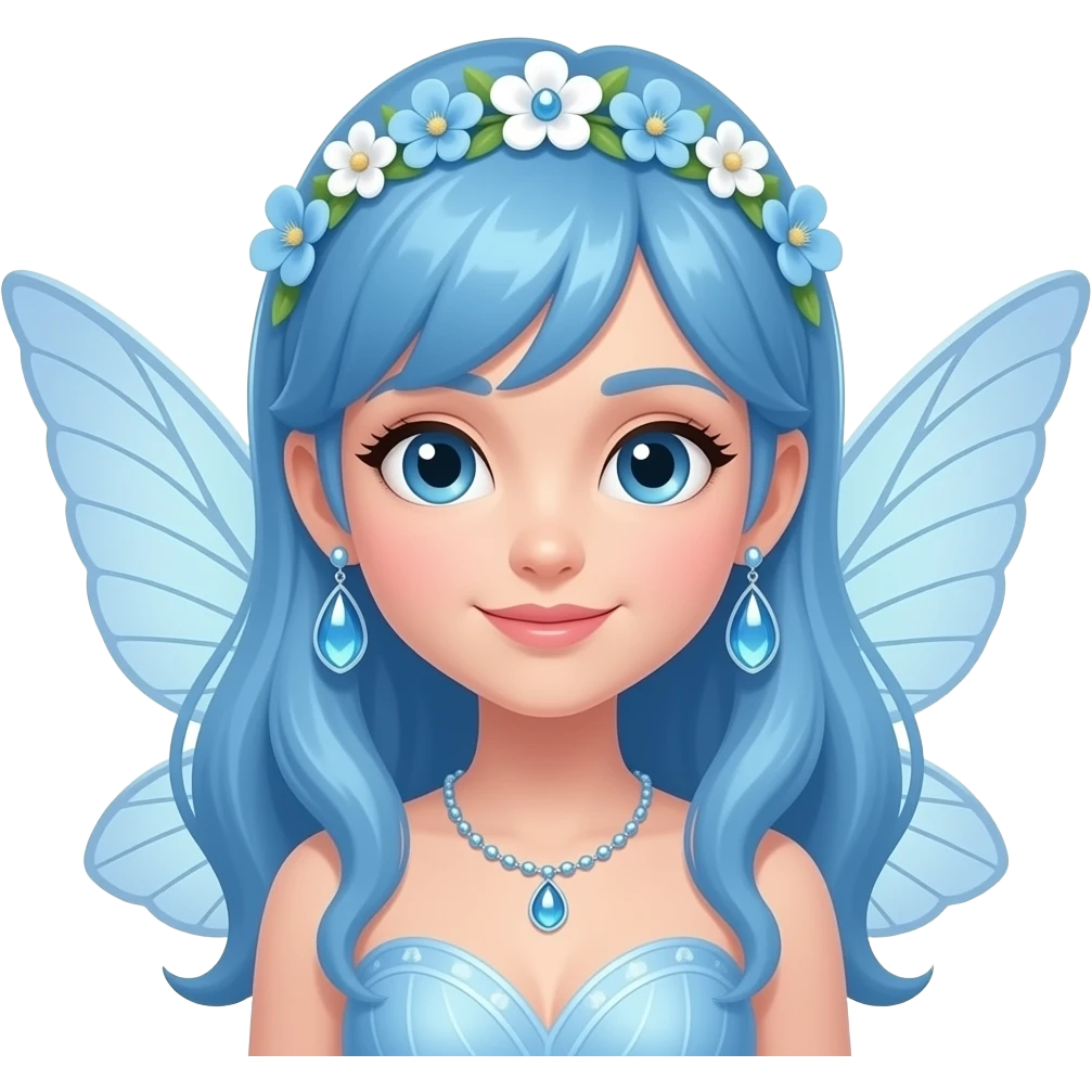 fairy with blue hair, flower tiara and big wings and big shiny earrings emoji