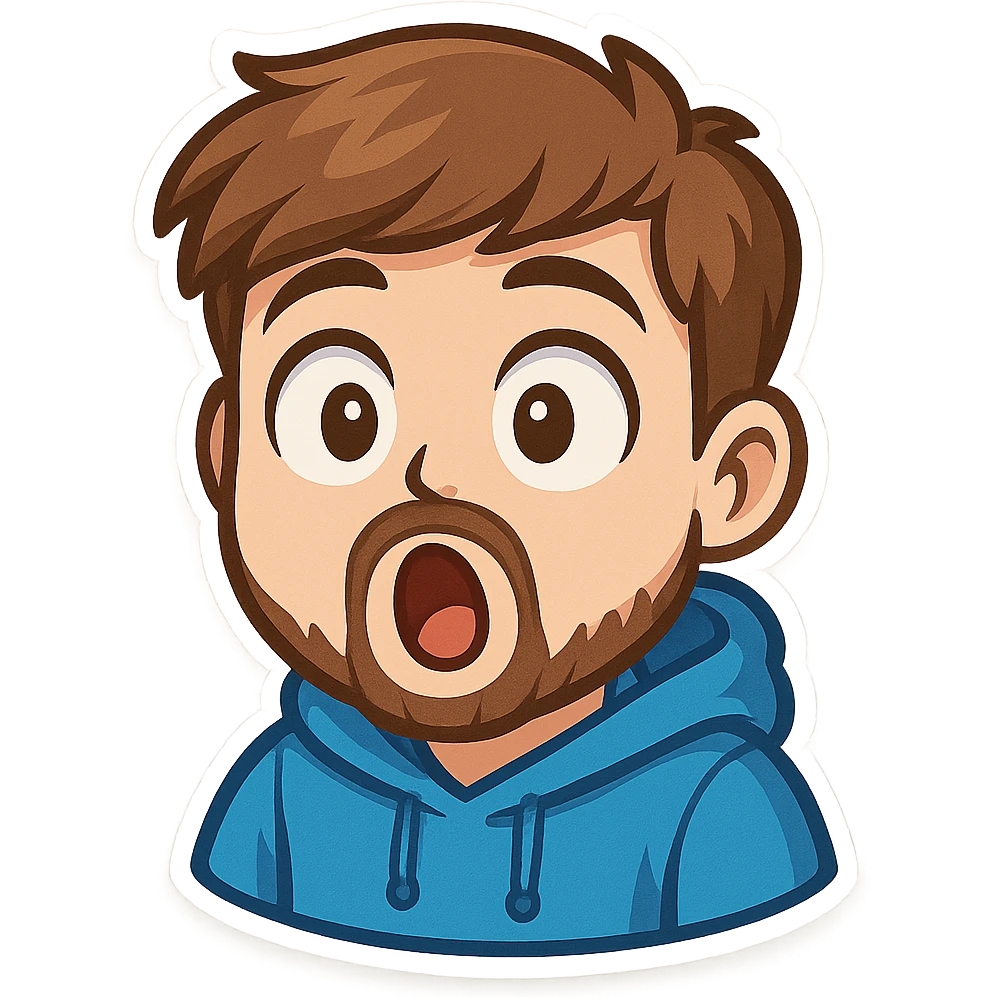 cartoon emoji of MrBeast with surprised face, blue hoodie, trimmed beard, brown hair, YouTube style emoji