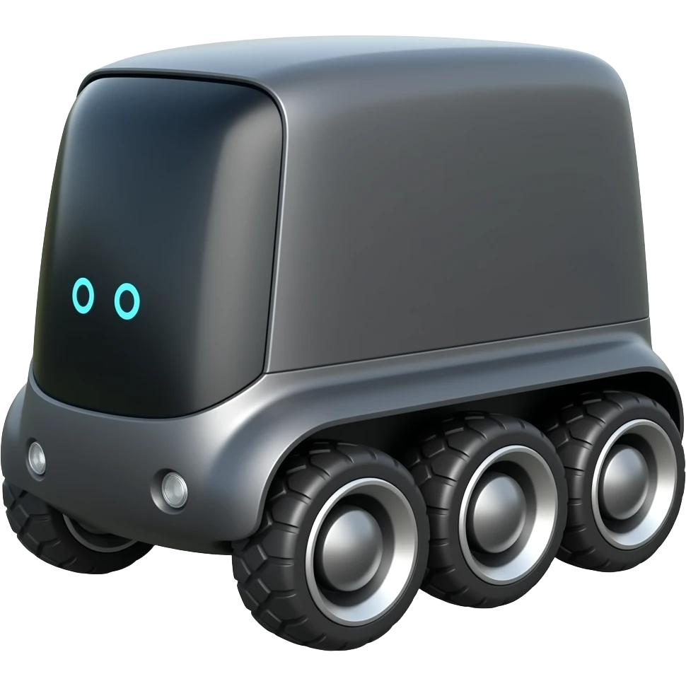 Dark grey delivery robot with 6 wheels emoji
