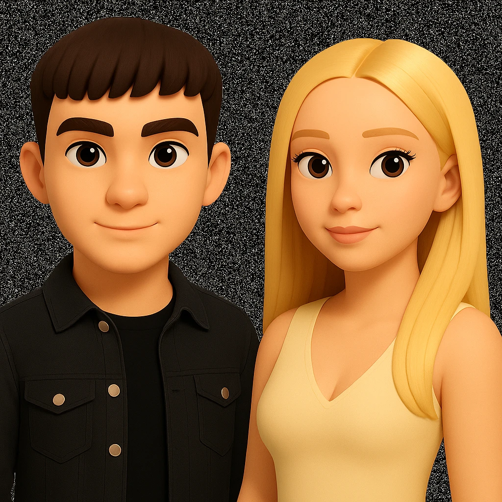 Slightly increase the volume of the upper body of the girl, significantly spread them apart from each other, make the skin color the same for both characters, while preserving the cartoonish 3D style as seen in the reference image. emoji
