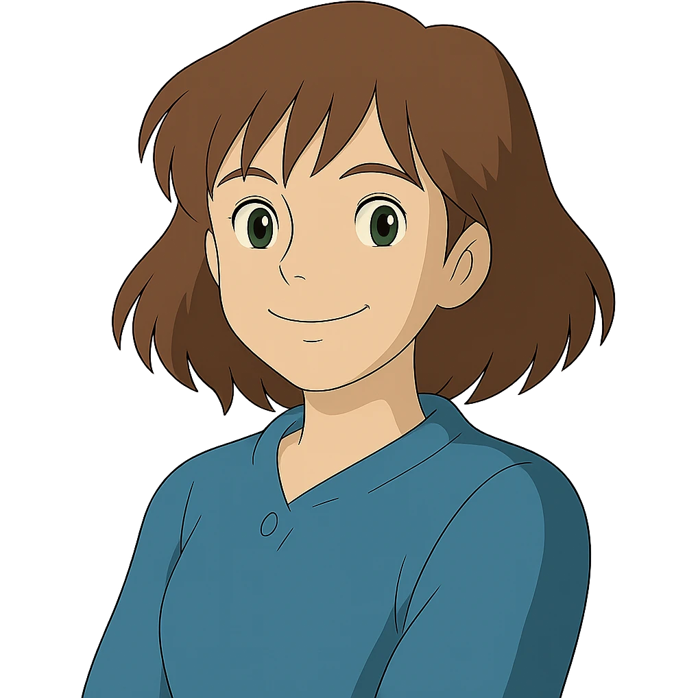 Make the woman smile in ghibli style, no background. emoji