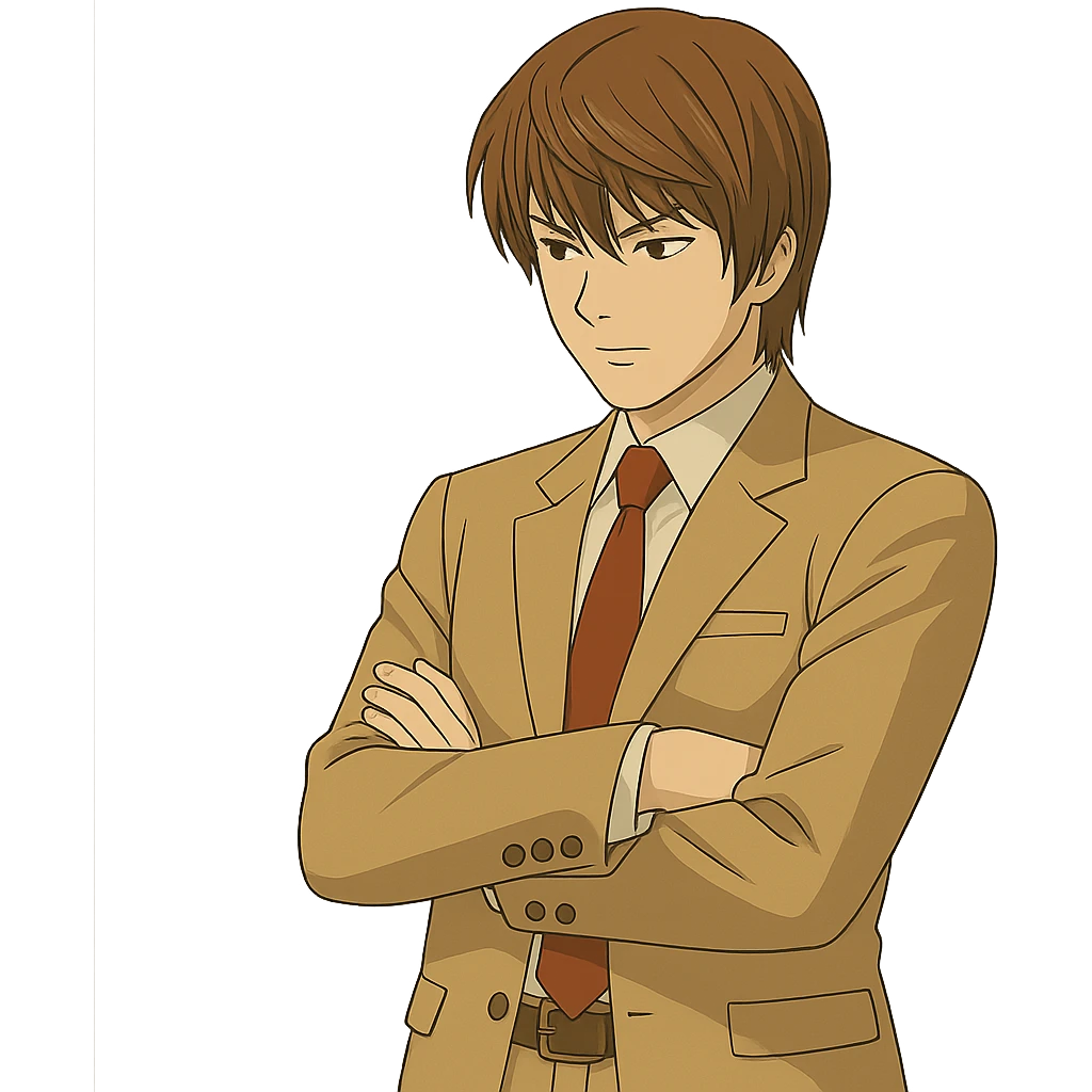Create an exact Light Yagami in Ghibli style, standing with his arms crossed and looking slightly downward, wearing the same suit, with the same confident expression. Match the face, hair, and suit details exactly to the reference image. Transparent background. emoji