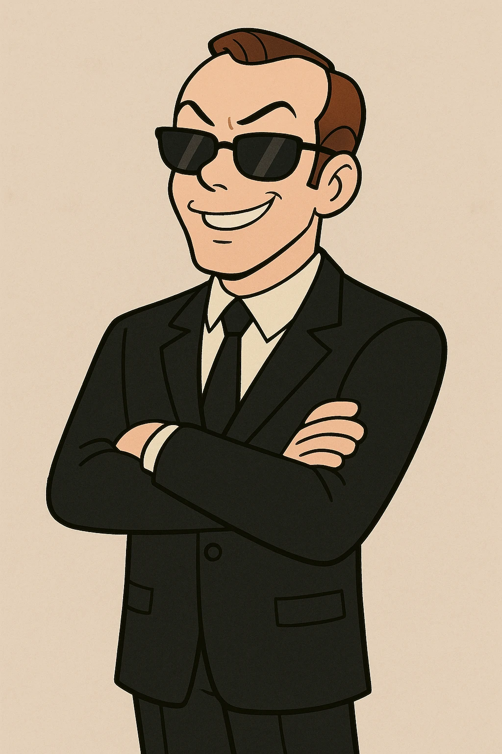 cartoon Agent Smith from The Matrix standing with arms crossed, black suit and tie, sunglasses, playful look emoji