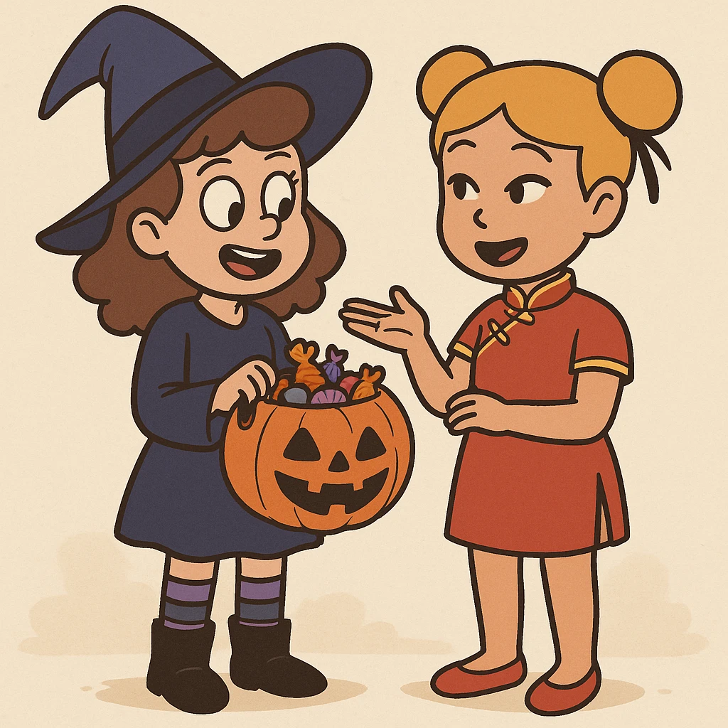 girl brown classic curls hair blue witch a witch costume purple stripes socks black boots girl yellow hair Chinese Girl Costume Red Oriental Dress red shoes some trick or treats  emoji