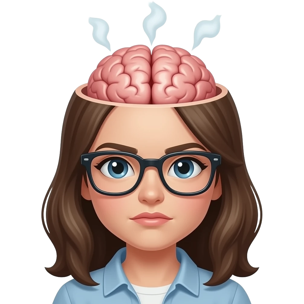 GIRL WITH UPPER HEAD OPEN WITH VISIBLE BRAIN AND STEAM FROM HER HEAD BUT MAKE HER FACE LOOK LIKE SHES HARD WORKING AND ADD GLASESSES emoji