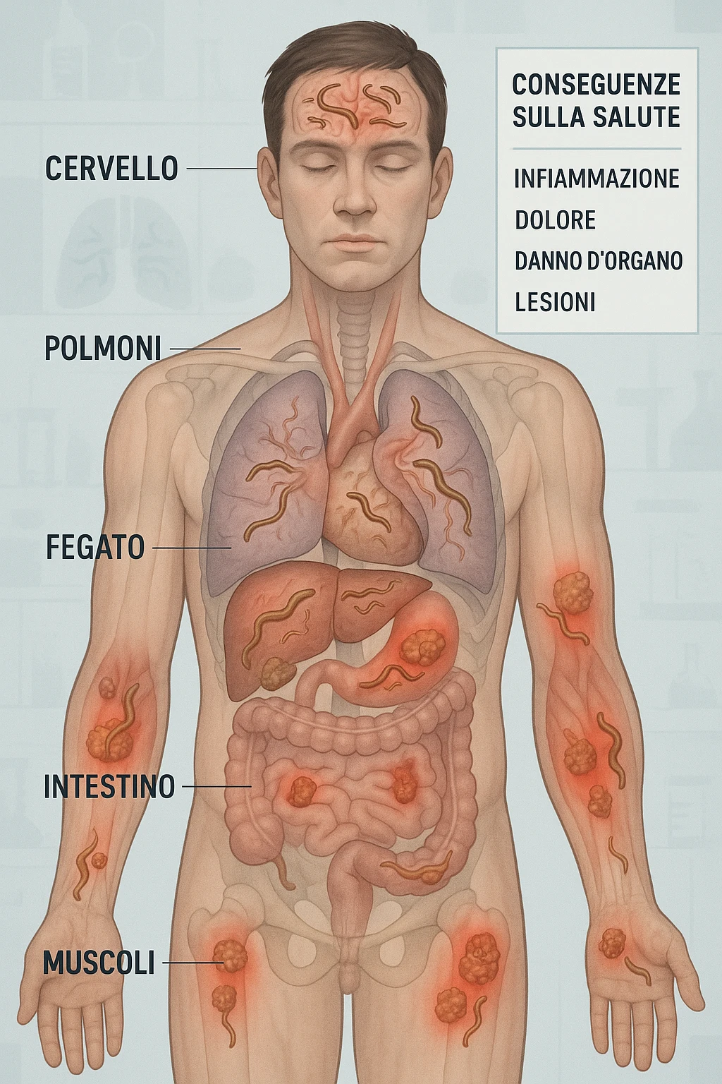 a semi-transparent view of a man’s body reveals numerous parasitic organisms inside his organs and tissues. Some areas are highlighted with red or inflamed zones, and small tumor-like masses are visible where the parasites cluster. The background is clinical and educational, with labels pointing to affected organs and a sidebar showing the health consequences. scritto in italiano emoji