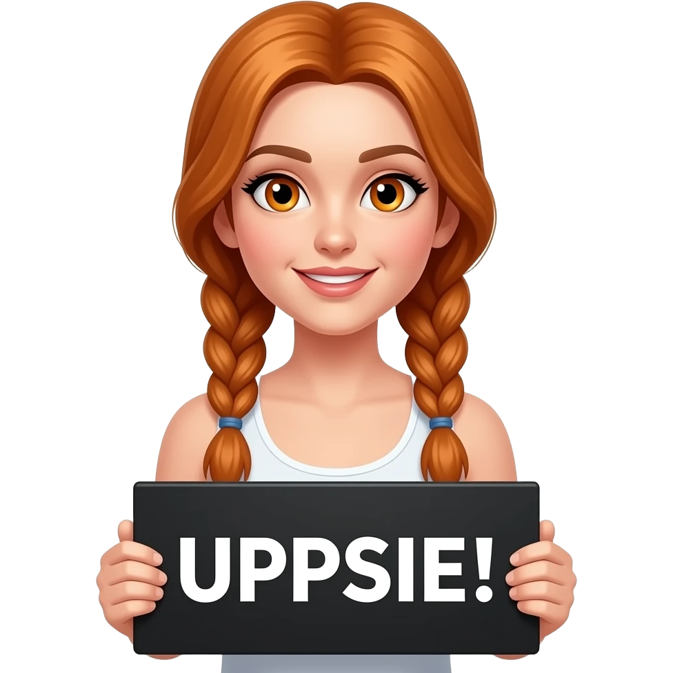 sexy girl with long ginger braids and ginger eyes wearing a white tanktop is holding a black sign with UPPSIE! written on it emoji
