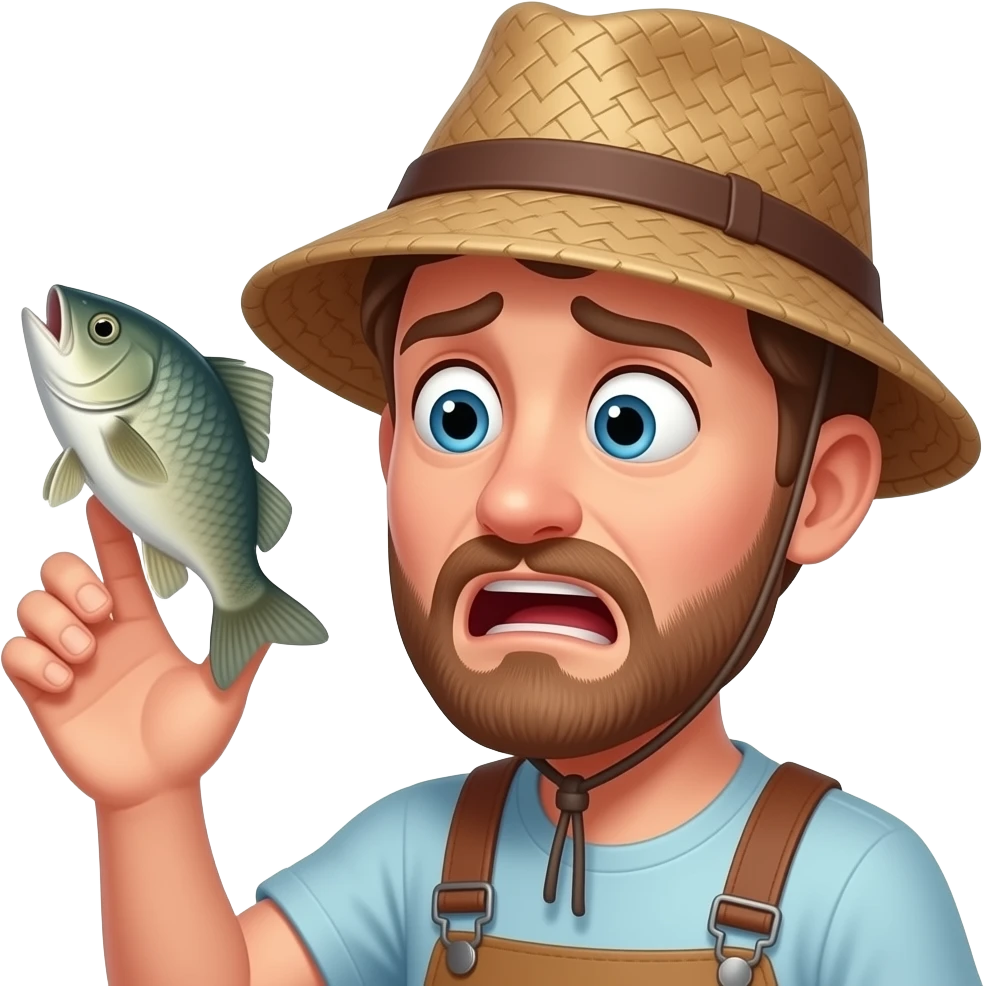 a guy with a bucket hat on scared to touch a fish emoji