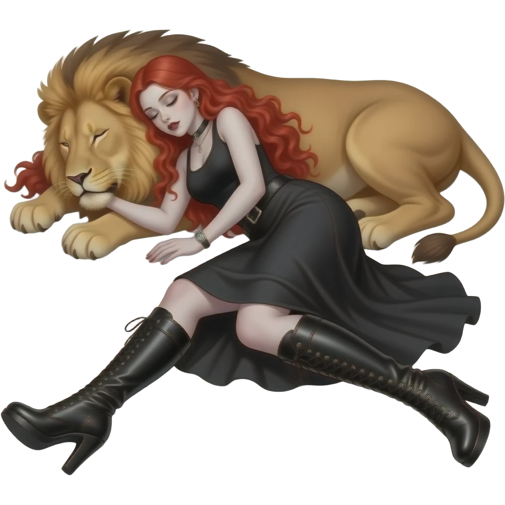 Vampiro adolescente femmina con pelle bianca e capelli rosso ondulati lunghi che indossa una gonna lunga nera e un top-canottiera nera e degli stivali lunghi neri con tacco e che sta dormendo con un leone emoji