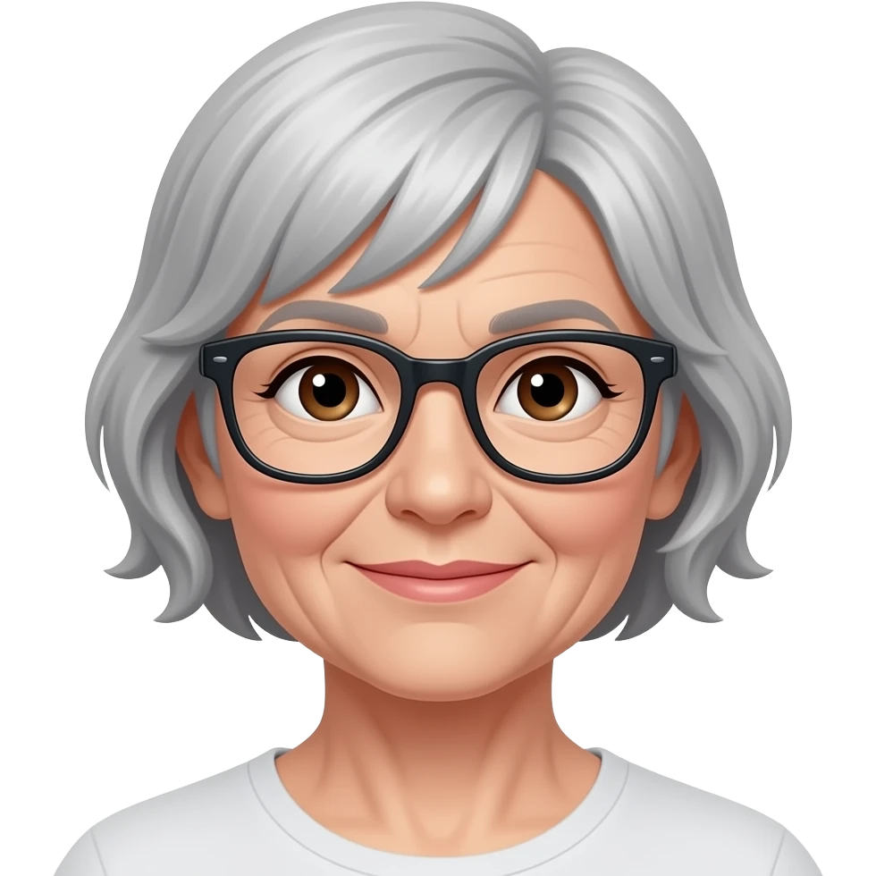 Beautiful woman short grey hair brown eyes glasses 75 years emoji