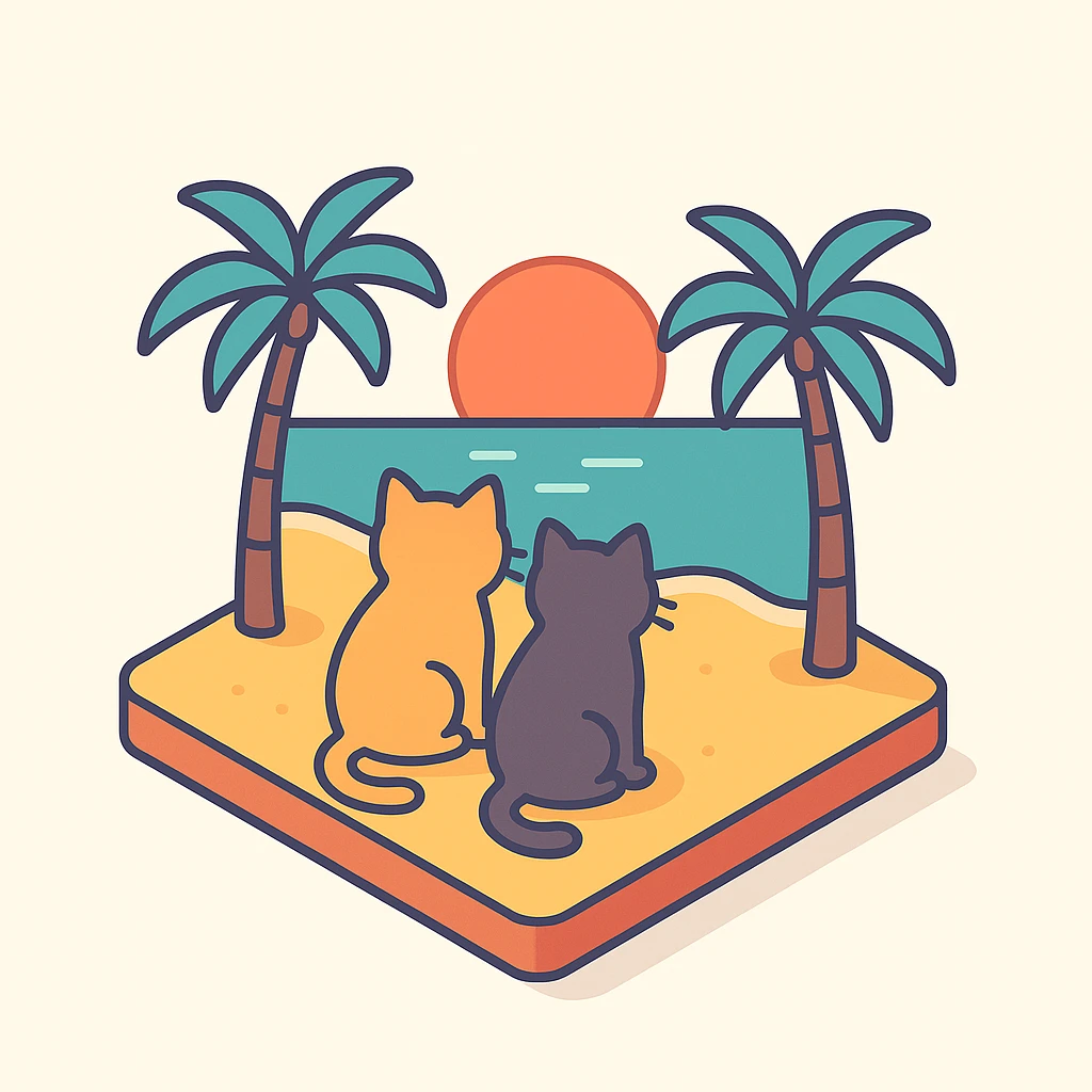 3D isometric illustration of two cats sitting on a beach at sunset with palm trees, variation 2 emoji