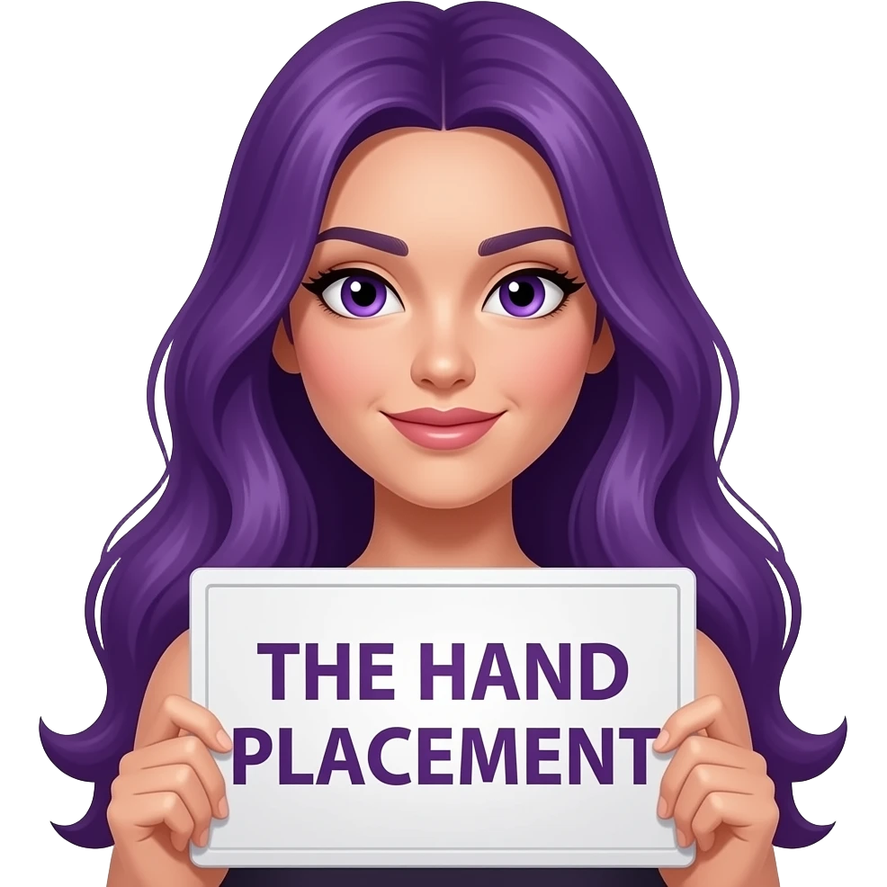 sexy girl with long purple hair and purple eyes holding a THE HAND PLACEMENT sign emoji