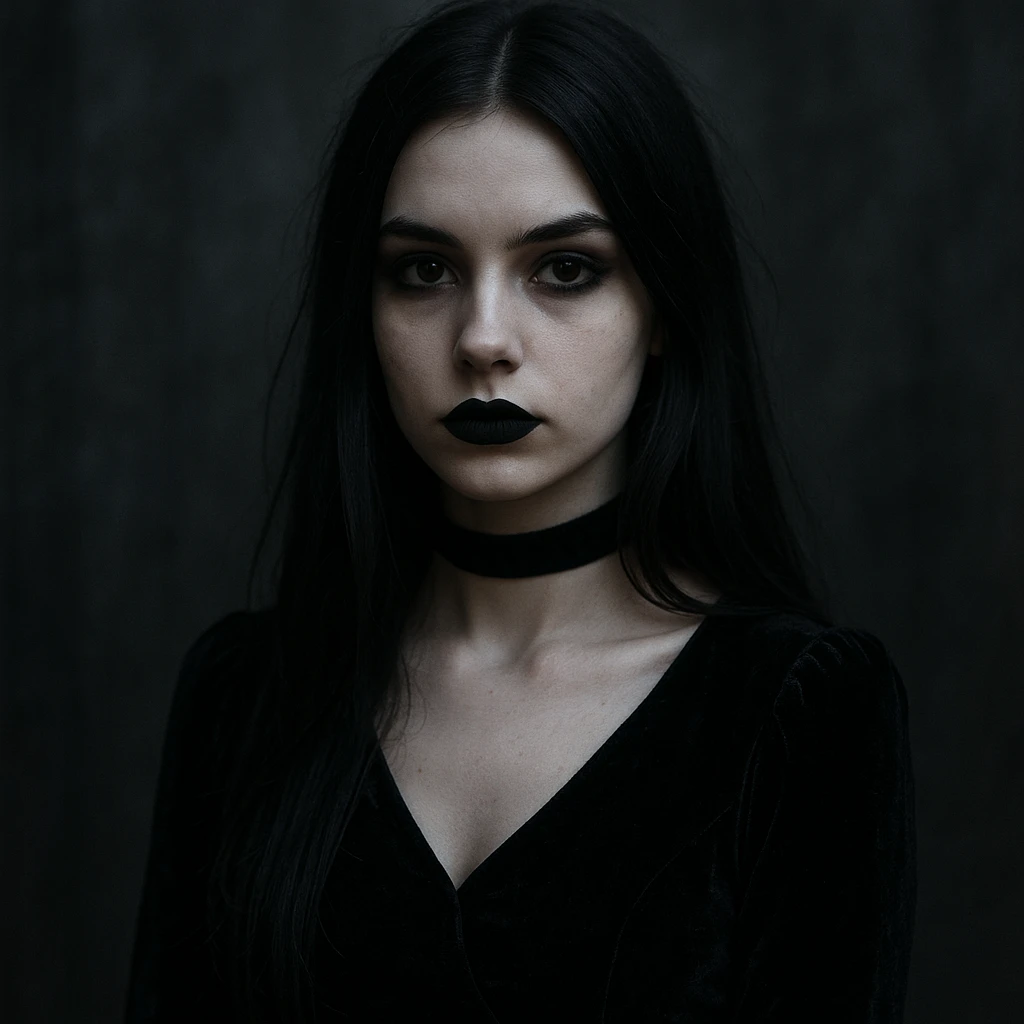 gothic girl, gothic style, long dark hair, velvet choker, moody atmosphere emoji