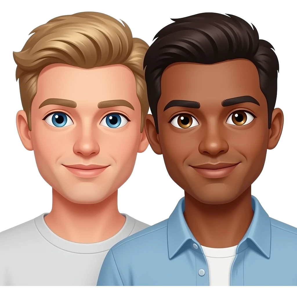 Make a young gay couple on a Date , one has light Skin with Blond Hair and Blue Eyes, the other one has slightly brown skin witz dark Brown Hair and Brown Eyes. They are in love. emoji
