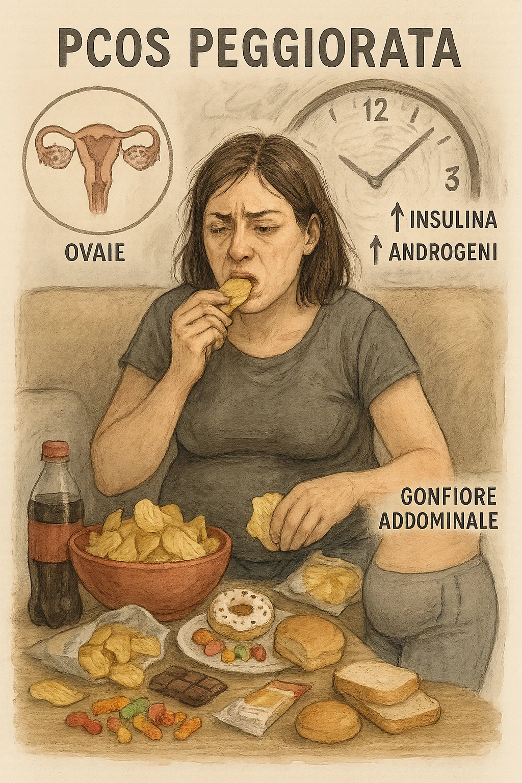 Donna tra i 25 e i 35 anni seduta sul divano o a un tavolo disordinato, circondata da cibi sparsi e poco sani: patatine, dolci, pane bianco, snack confezionati, bibite. Mangiando di fretta, ha un’espressione stanca e frustrata. Intorno a lei, in trasparenza o come illustrazione simbolica, si vedono gli effetti della PCOS peggiorata: ovaie con cisti multiple, squilibrio ormonale (↑ insulina, ↑ androgeni), gonfiore addominale. Sullo sfondo, orologio che corre o caos visivo che comunica disorganizzazione alimentare. Colori spenti e atmosfera stanca. Stile realistico con elementi simbolici e informativi. in italiano emoji
