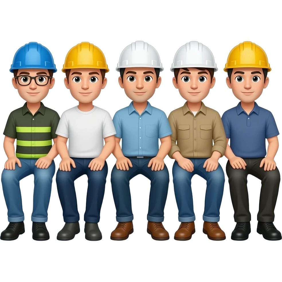5 men in hard hats sitting on edge of a metal roof emoji