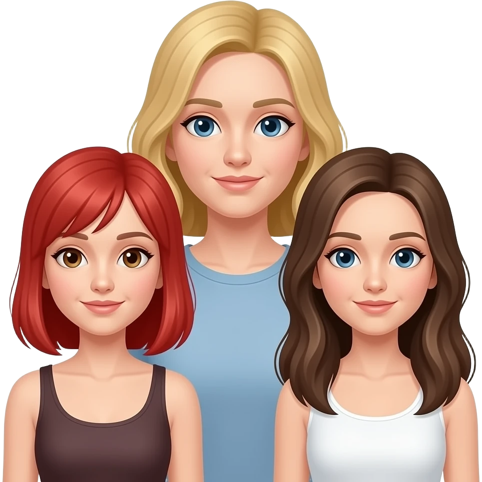 can you make 3 girls standing together (just of the upper body) kind of one on top of the others. The one on top has blonde shoulder length hair, light skin. The one on the left has red over the breast length hair, pale skin. The one on the right has brown long hair, light skin emoji