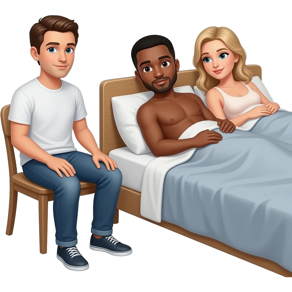 white male sitting in corner chair facing a black man and light skin women in bed naked emoji