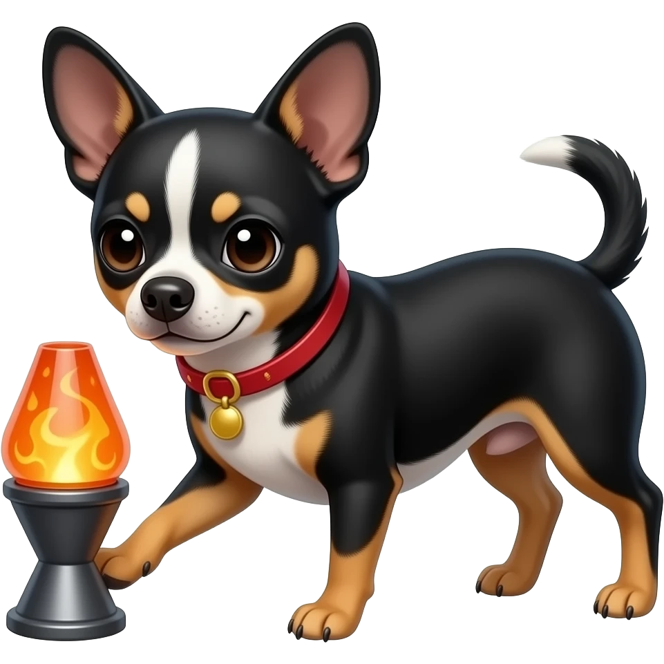 All black chihuahua with orange lavalamp dog toy emoji
