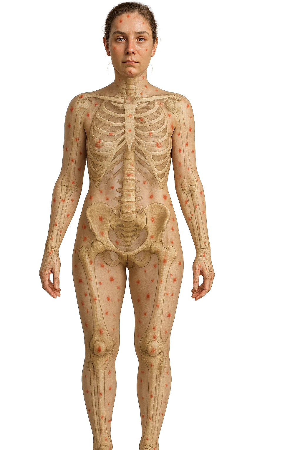 donna realistica a figura intera con red spot sparsi alle ossa, ossa del corpo visibili sul corpo, non sul volto iperrealistico 4k emoji