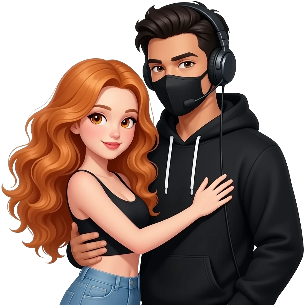 sexy girl with long curly ginger hair and ginger eyes gets hugged by a attractive blackhaired man with a black hoodie, a headset and a black mask emoji
